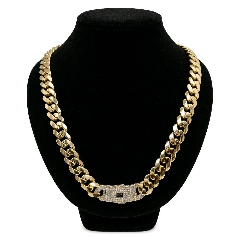 MONACI 14K Yellow Gold Hollow Cuban Chain Necklace 24 Inches 13.0MM Cubic Zirconia Lock Handcrafted in New York City US