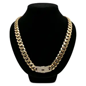 MONACI 14K Yellow Gold Hollow Cuban Chain Necklace 24 Inches 13.0MM Cubic Zirconia Lock Handcrafted in New York City US