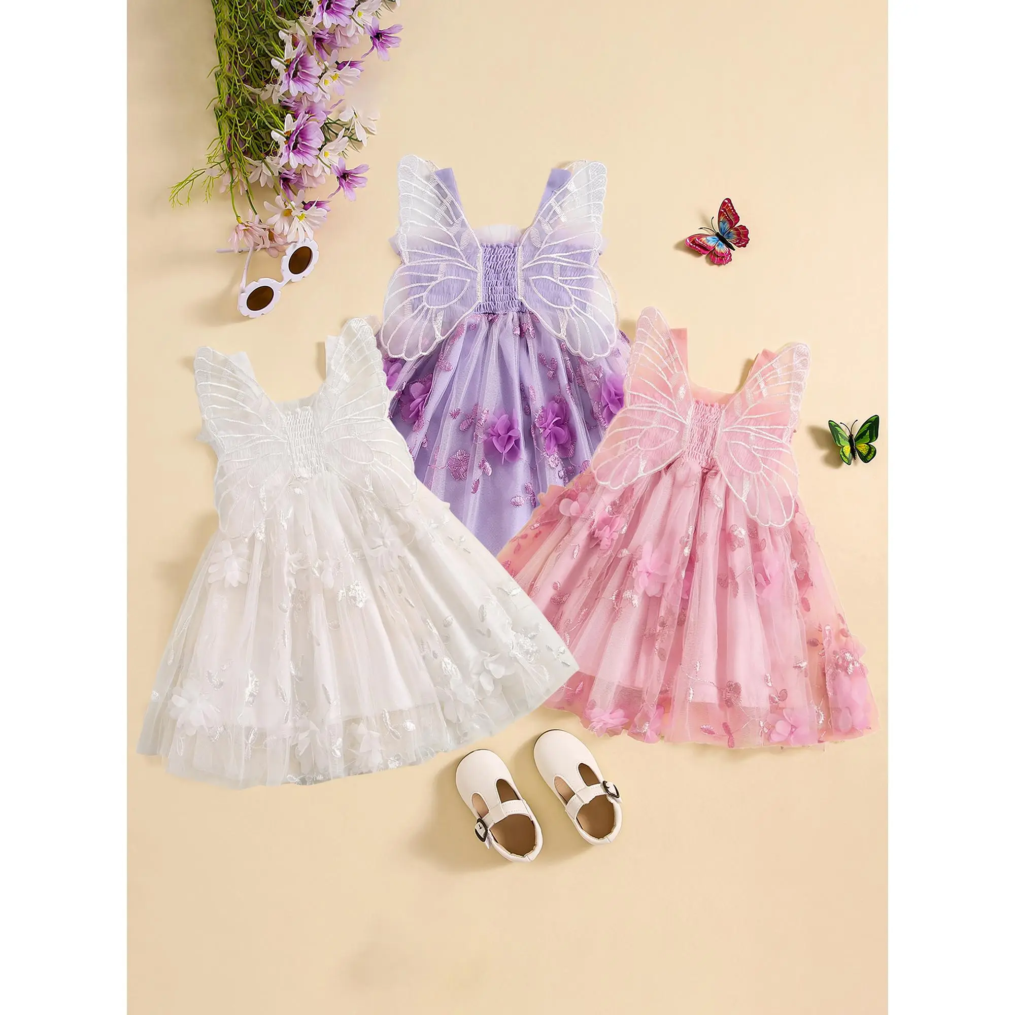 Baby Toddler Girls Sleeveless Dress 6-24 Months A-Line Summer Dress with Butterfly Wing for Beach Party 2T 3T 4T with 3D Flowers