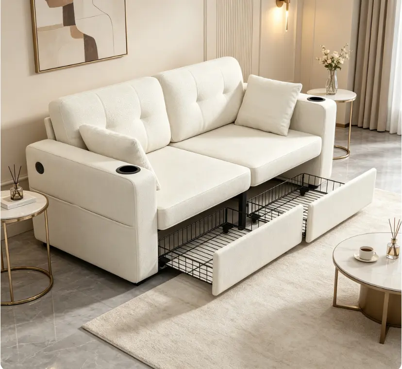 Modern Chenille Sectional Couch with Wooden Frame, Storage, USB Charging Station, Cup Holder - Easy-Assembly Living Room Couch for Apartments