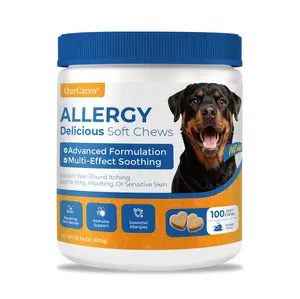 OurCares 2nd Generation Allergy Relief Soft Chews for Dogs contain colostrum, vitamin C, and probiotics, supporting seasonal allergy relief, intestinal and digestive health - Chicken flavor - 100 soft chews as a daily pet snack