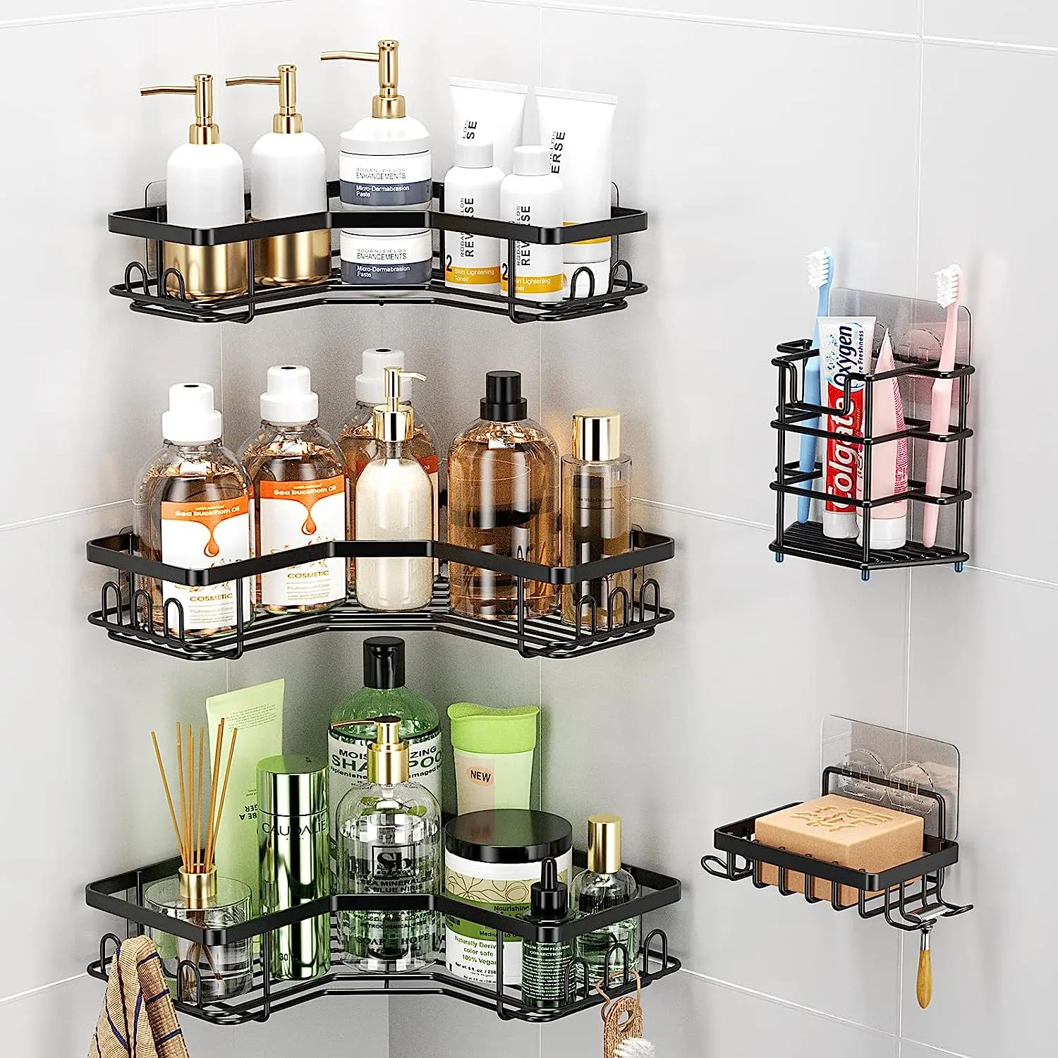 Corner Shower Caddy Adhesive Shower Organizer, Wall Mounted Organizer with Soap Holder, Toothbrush Holder, Shower Rack Bathroom Storage Accessories, Shower Shelves for Inside Shower