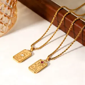 （New tarot card necklace）Tarot Necklace with 3D Relief Octagram Star - 18K Gold Plated Floral Pendant with Zirconia, Mystical Statement Adjustable Chain Necklace for Women Men, Viral Jewelry Gift in Premium Gift Box gold-tone