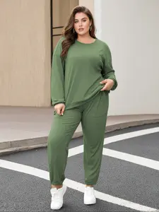 Women's Plus Size Ribbed Knit Fabric Set, Loose Round Neck Soft Elastic Stretchy, Casual Daily Everyday Wear for Fall & Winter Seasons