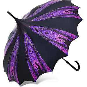 Halloween Pagoda Umbrella Purple and Black Stained Gothic Umbrella Waterproof Windproof UV Protection Parasol for Halloween, Birthday Gift