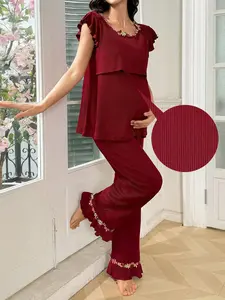 Women's Casual Elegant Maternity Set, Summer Maternity Clothes, Short Sleeve Long Pants Two-Piece, Comfortable Home Wear for All Seasons