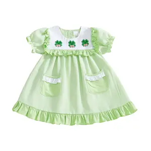 Toddler Baby Girls Irish Dress Fashionable Cute Shamrock Embroidery Short Bubble Sleeve Dress