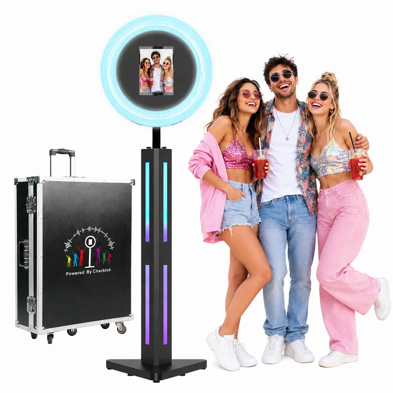 MWE Portable iPad Photo Booth – Adjustable Triangular Design, Compatible with Any iPad, APP & Ring Light Control, Detachable Shell Stand, Flight Case Included – Perfect for Weddings, Festivals & Parties