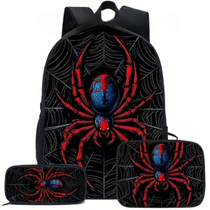 Elementary School Student Red Spider Print Pattern Backpack, Cool Trendy Backpack, Student Large-Capacity Schoolbag, Bag