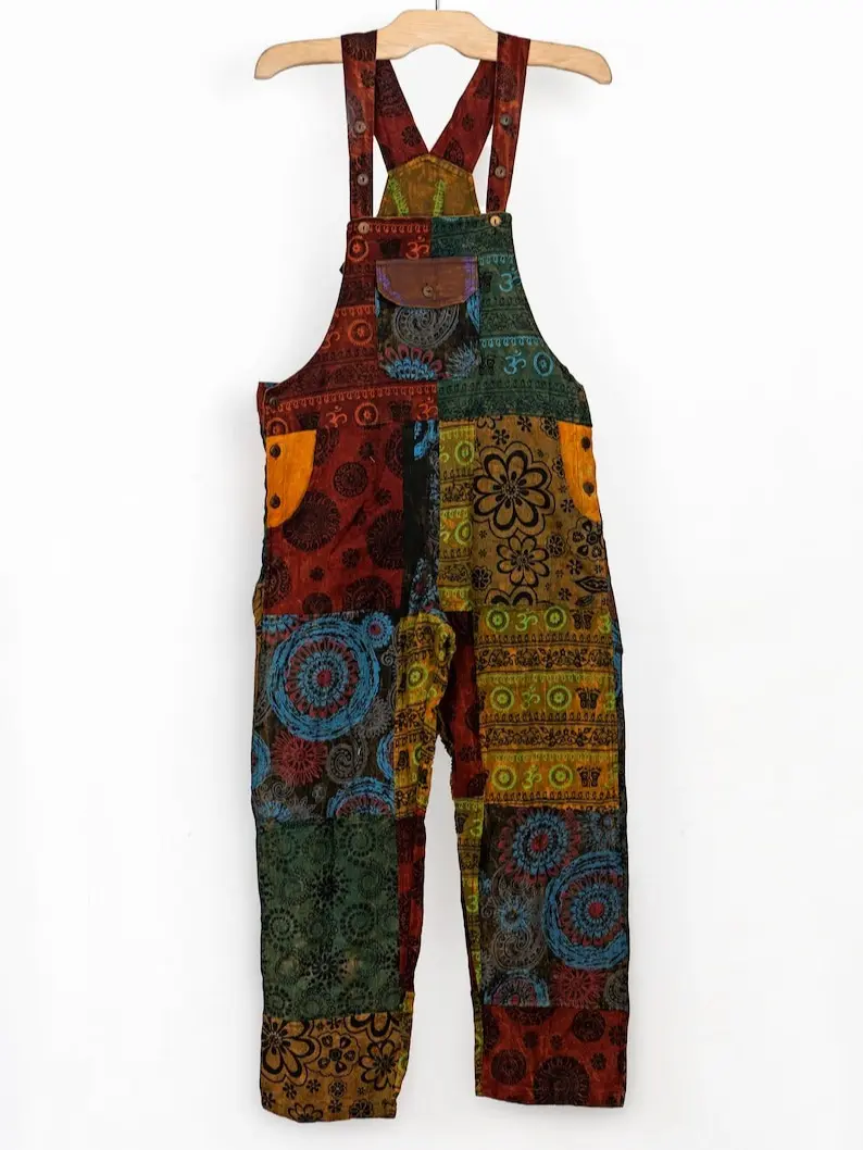 Cotton patchwork straightleg overalls, free spirit cloths, boho cloths, hippie cloths, Overalls, Jumpsuits