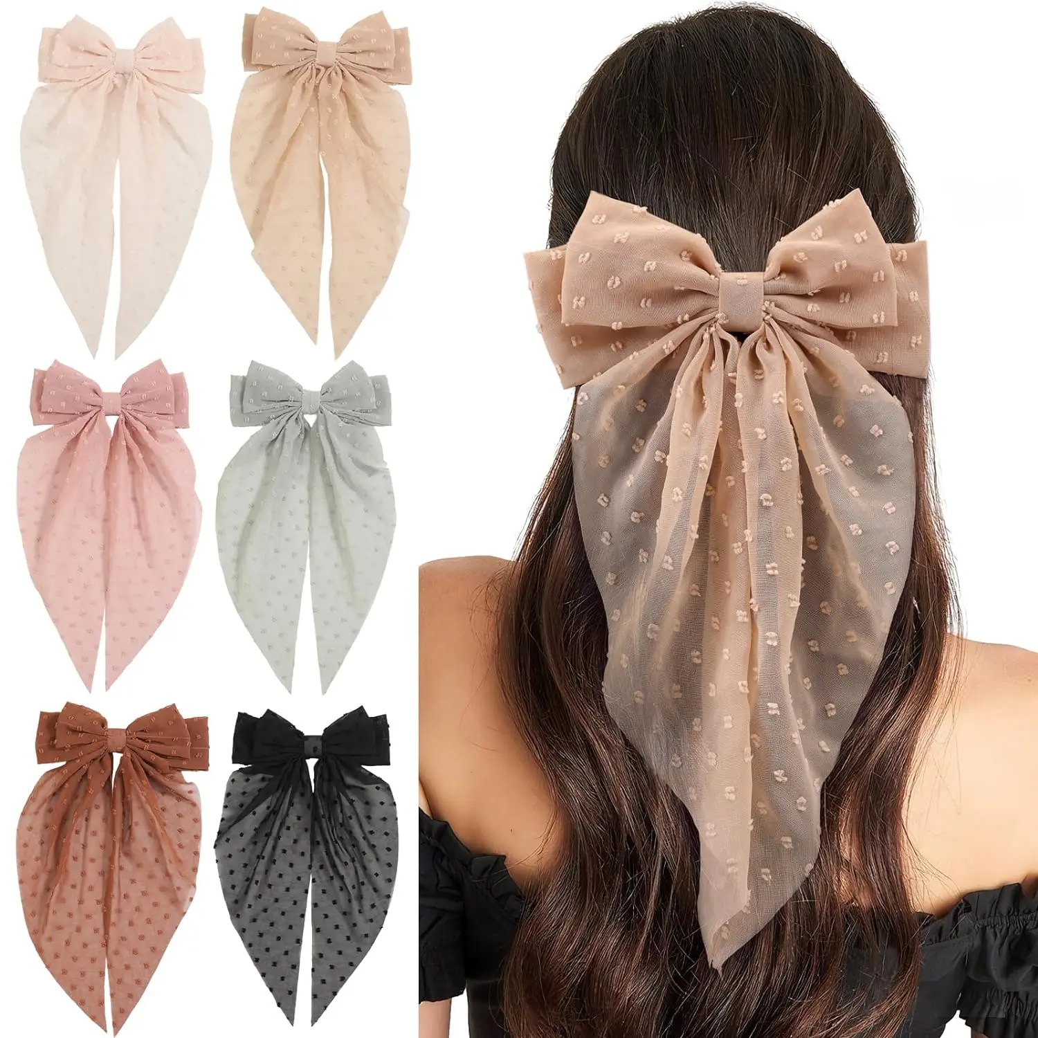 Silky Satin Hair Bow Clips - 6 Count for Women with Big Bow Hair Clips for Girls,  in Large and Cute Aesthetic Styles