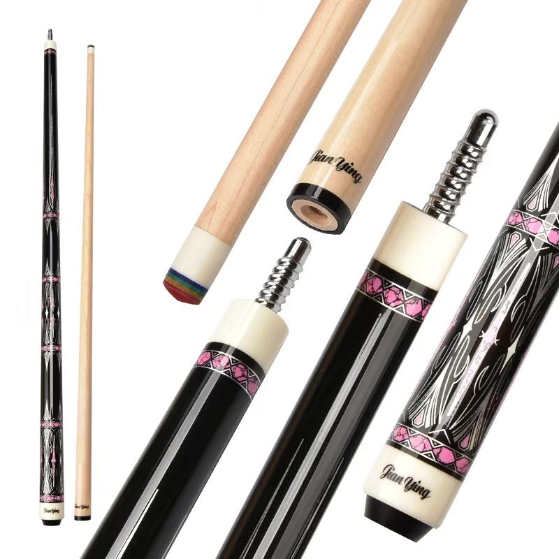 JIAN YING Premium Billiards Cue Set with Leather Case 1/2 Split 12.5mm Tip 18-20oz Weight 58 Inches Length Black Pink Pattern Includes Cue Glove & Chalk