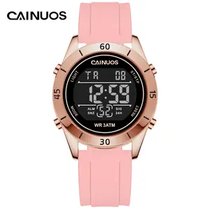 CAINUOS 8011 Women's Pink Digital Watch, Rose Gold LED Blue Backlight Watch with Alarm Stopwatch, 3ATM Waterproof Soft Silicone Strap Coquette Casual Sport Wrist Watch for Women Girls