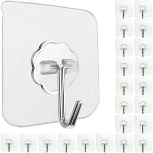 Wall Hooks for Hanging 33lb(Max) Heavy Duty Self Adhesive Hooks 24 Pack Transparent Waterproof Sticky Hooks for Keys Bathroom Shower Outdoor Kitchen Door Home Improvement Utility Hooks