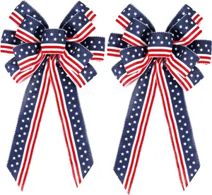 2 Pack 4th of July Decor Bow for Wreath,Red White Blue Stripe Stars Tree Topper Bows for Patriotic,Independence Day,Memorial Day,Veteran's Day,Front Door Indoor Outdoor Decorations