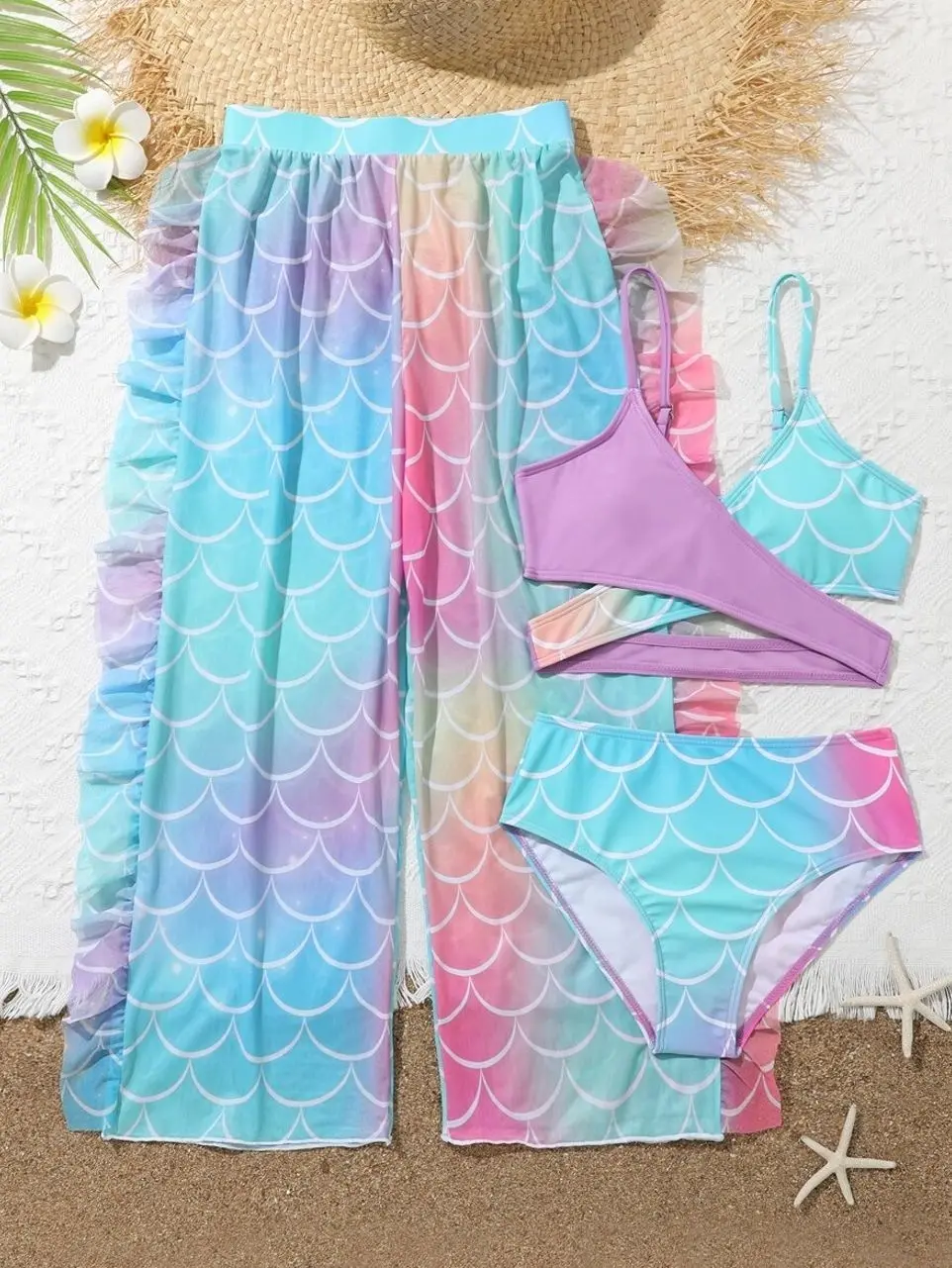 Tween Fish Scales Bikini Set with Ruffle Trim Pants - Summer Beachwear