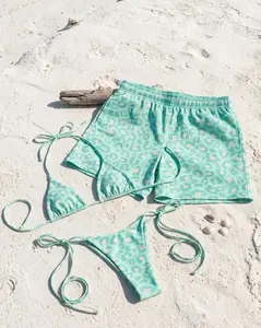 Matching Couples Matching Couples Swimwear Set, Mint Teal Leopard Print Bikini and Swim Trunks, His and Hers Summer Set