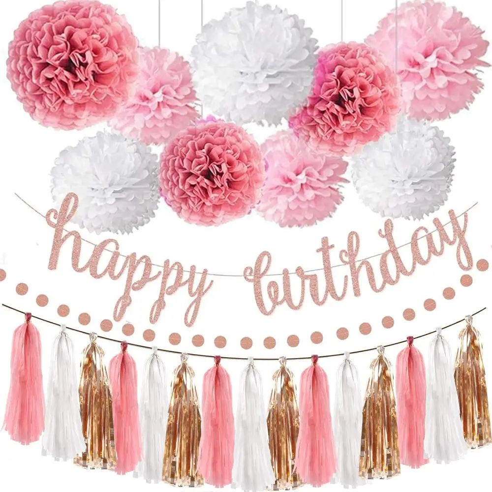 Pink Rose Gold Birthday Party Decorations Kit - Rose Gold Glitter Happy Birthday Banner, Tissue Paper, Circle Dots Garland, Tassel Garland for Festive Home Decor
