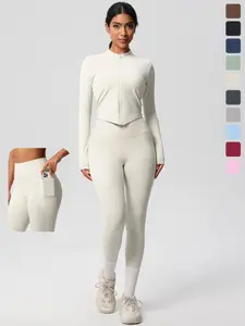 Two-Piece Set Women's Solid Zip Up Crop Jacket & High Waist Leggings Tracksuit Set, Fitness Sportswear Set, Casual Sporty Comfy Breathable for Yoga Gym Workout Running, Ladies Sportswear for All Seasons