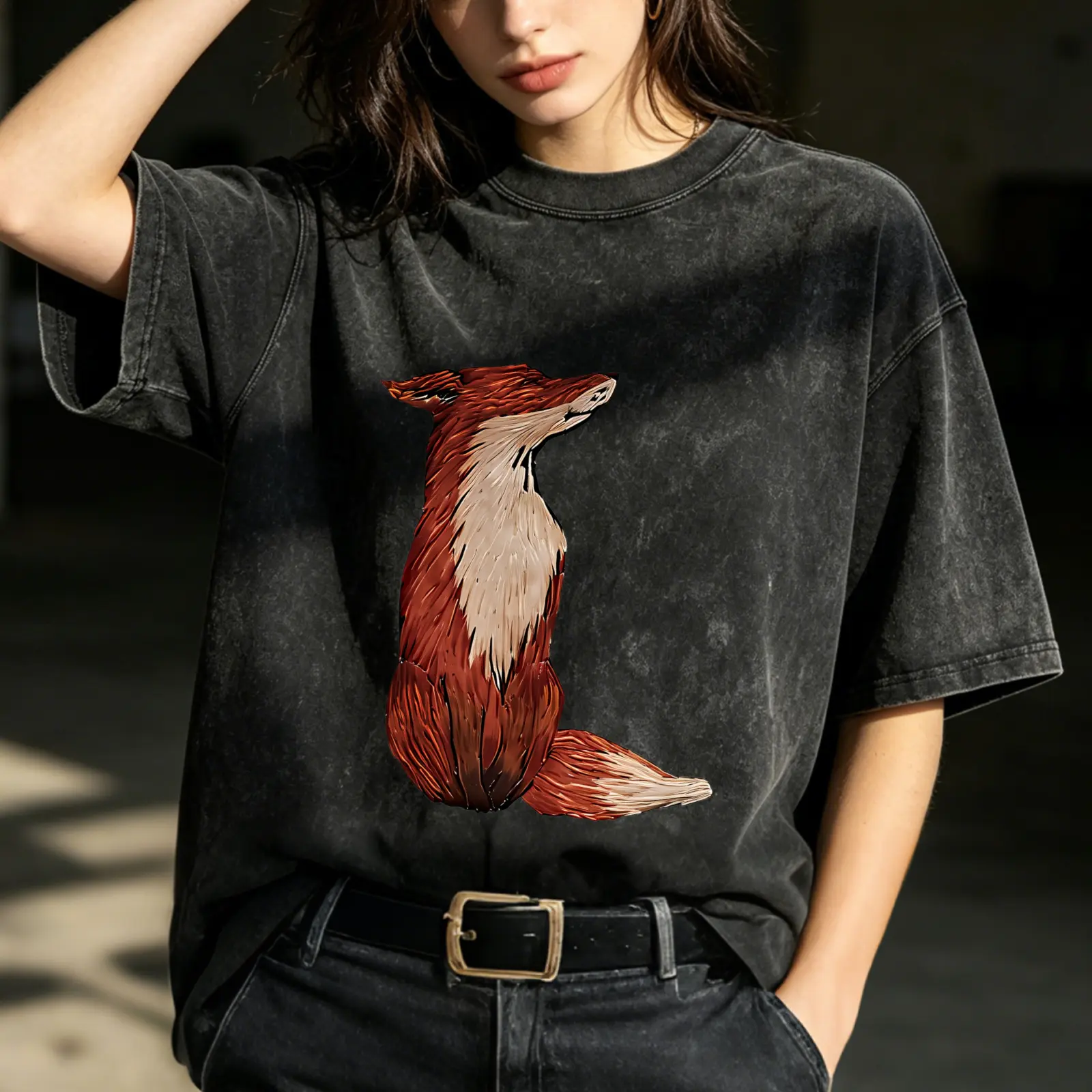 Fox Art Print Women's Vintage Washed T-Shirt Fox Standing On Back Legs Oversized Graphic Tee Outdoor Casual Short Sleeve