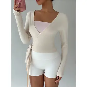 Women's multi-color yoga and fitness front strap V-neck long sleeved cut T-shirt, casual sports top, a must-have for simple and elegant spring and autumn seasons.RAIMENTRY