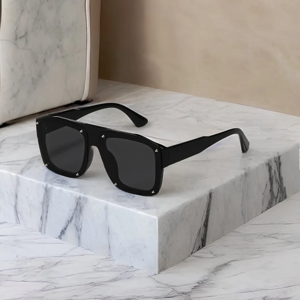 Stylish Square Sunglasses for Women & Men, Fashion Designer Acetate Statement Frame with Rivets, Lightweight UV400 Protective Lenses