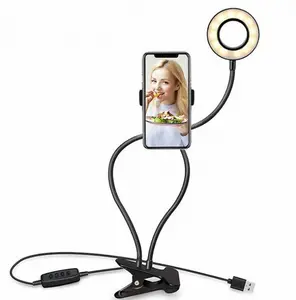 LED Selfie Ring Light for Live Adjustable Makeup Light 8cm Stand 3 Light Colors 10-Level Brightness 360 Degree Adjustable for iPhone Samsung Smartphones USB Powered Multifunctional Tripod Aluminium Alloy Clamp