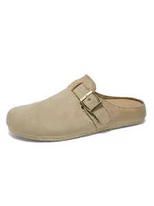 Japanese Retro Slip-On Sandals Size 46, Faux Leather Buckle Design, Soft Sole Velvet Outdoors Summer Shoes, Casual Flat Slippers