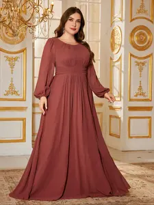 Elegant Round Neck Lantern Sleeve Maxi Dress, Ruched Waist Plus Size Party Gown, Pure Color Chiffon Swing Hem Bridesmaid Dress
