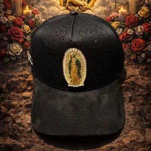 Virgen De Guadalupe Caps Fans Embellished with Virgin Mary Emblem in Gold-tone