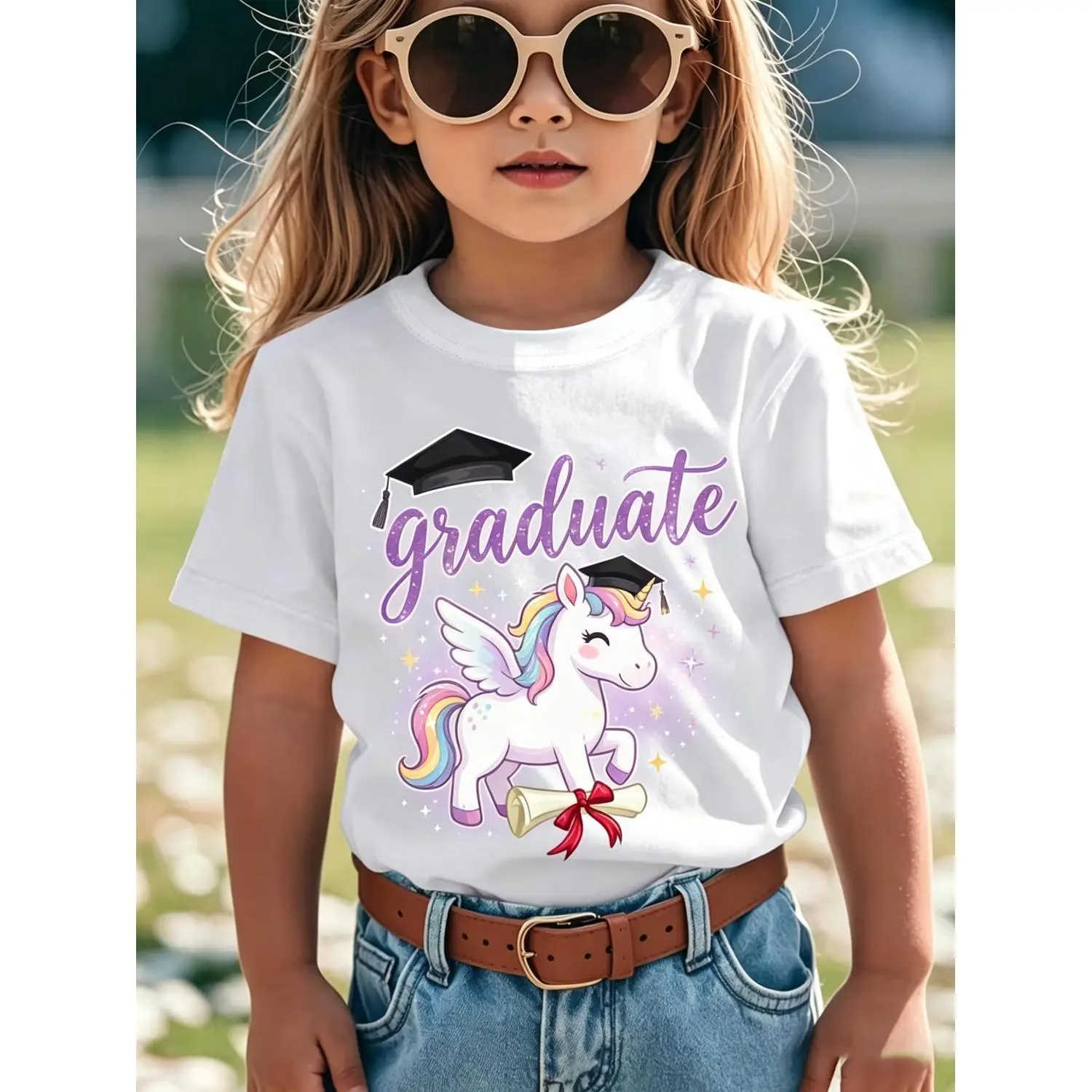Cute Unicorn Graduate Kids Shirt, Magical Unicorn with Graduation Cap White Tee, Whimsical Graduation Outfit for Girls, Ideal for Kindergarten Grad, Preschool Ceremony, Soft Cotton, Fun Gift for Little Grads, Sparkly Glitter Lettering