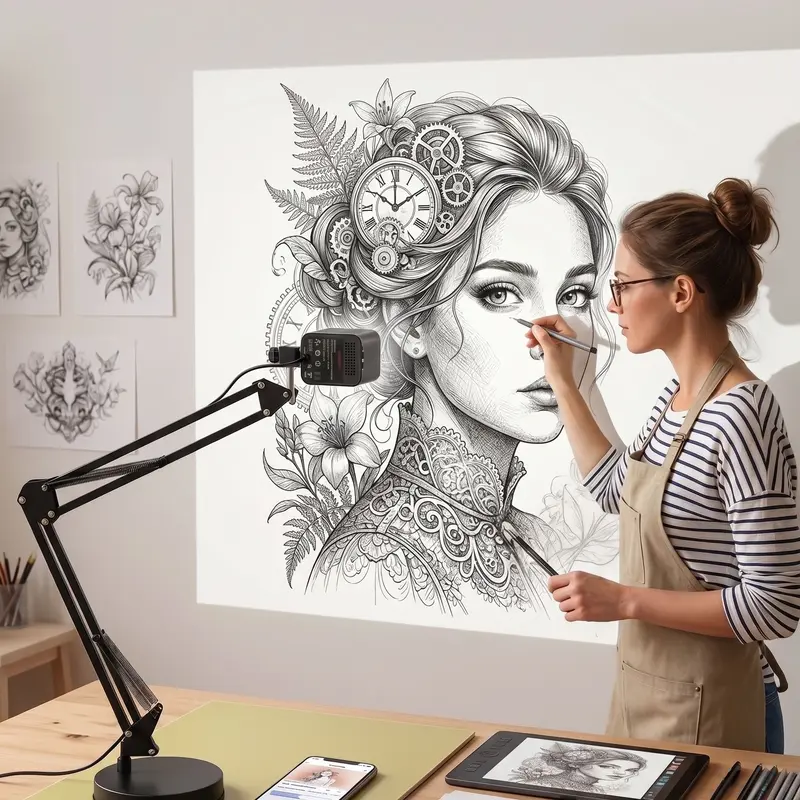 Artist using a projector to assist detailed sketching