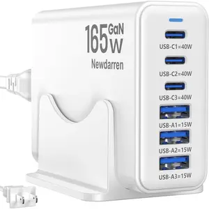 Suitable for iPhone 17 charging station, 165W GaN 6-port USB C fast charger block, 3 C-type (40W each) desktop charging hubs, suitable for multiple devices, 5-foot charging cable - ideal choice for home, office, and travel white