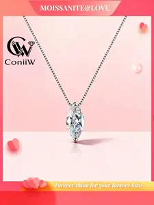 925 Silver 1 Carat Moissanite Drop Necklace, Elegant Lockbone Chain for Daily Wear, Versatile Horse Eye Moissanite Pendant