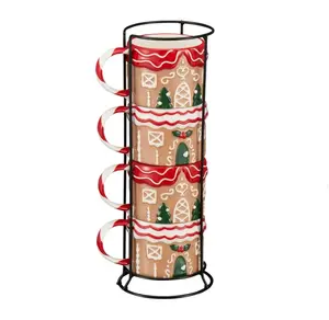 12oz Gingerbread House Glazed Stoneware Ceramic Stacking Mug Set with Metal Rack