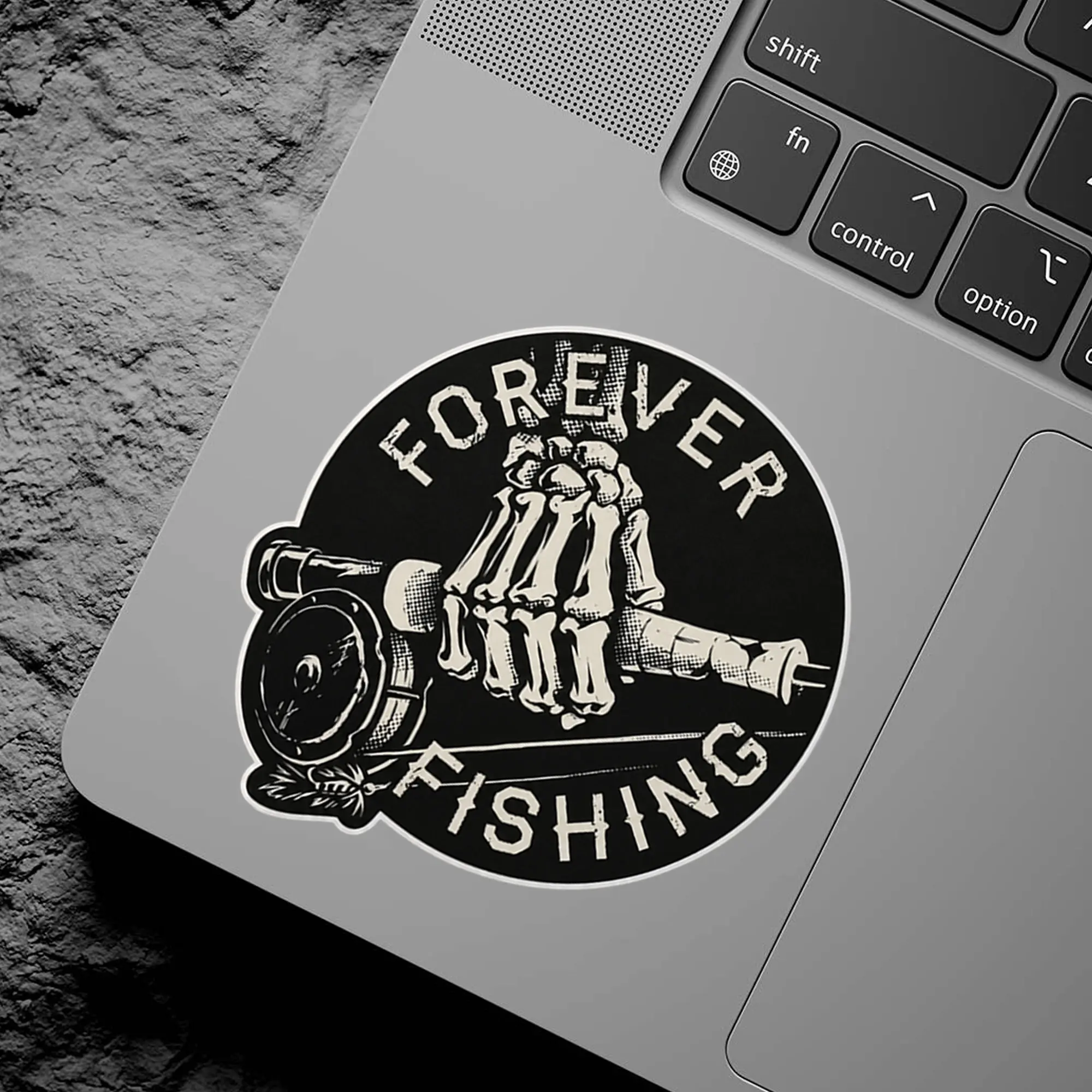 Forever Fishing Vinyl Sticker, Skeleton Hand Fishing Rod Decal, Waterproof Outdoor Sticker for Tumbler, Laptop, Car