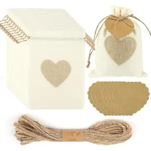 Pack of 24 Jute Bags with Drawstring & Heart-Shaped Gift Tags, 13 x 18 cm Small Gift Bags Suitable for Weddings, Christenings, Thanksgiving, Giveaways and Other Exciting Events
