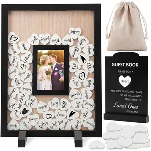 Wedding Guest Book Alternative, Rustic Guest Book Wedding Reception Sign, Heart Guest Book Signs with Wooden Frame for Wedding Anniversary Birthday Party (Black)