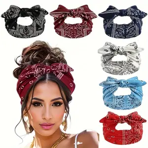 Set of 6 Bohemian-Style Headbands Featuring Paisley Flowers And Bows, Made with Loose Elastic.Available in Six Colors: Sky Blue, Black, Navy Blue, Burgundy, White, And Red.Perfect for Any Season, Outdoor Activities, And Everyday Use