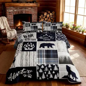 Deer Bear Kids Comforter Set,Wolf Hunting Adventure Rustic Bedding Set for Boys Girls Adults Room Decor,Geometric Plaids Patchwork Down Comforter,Blue Xmas Duvet Insert