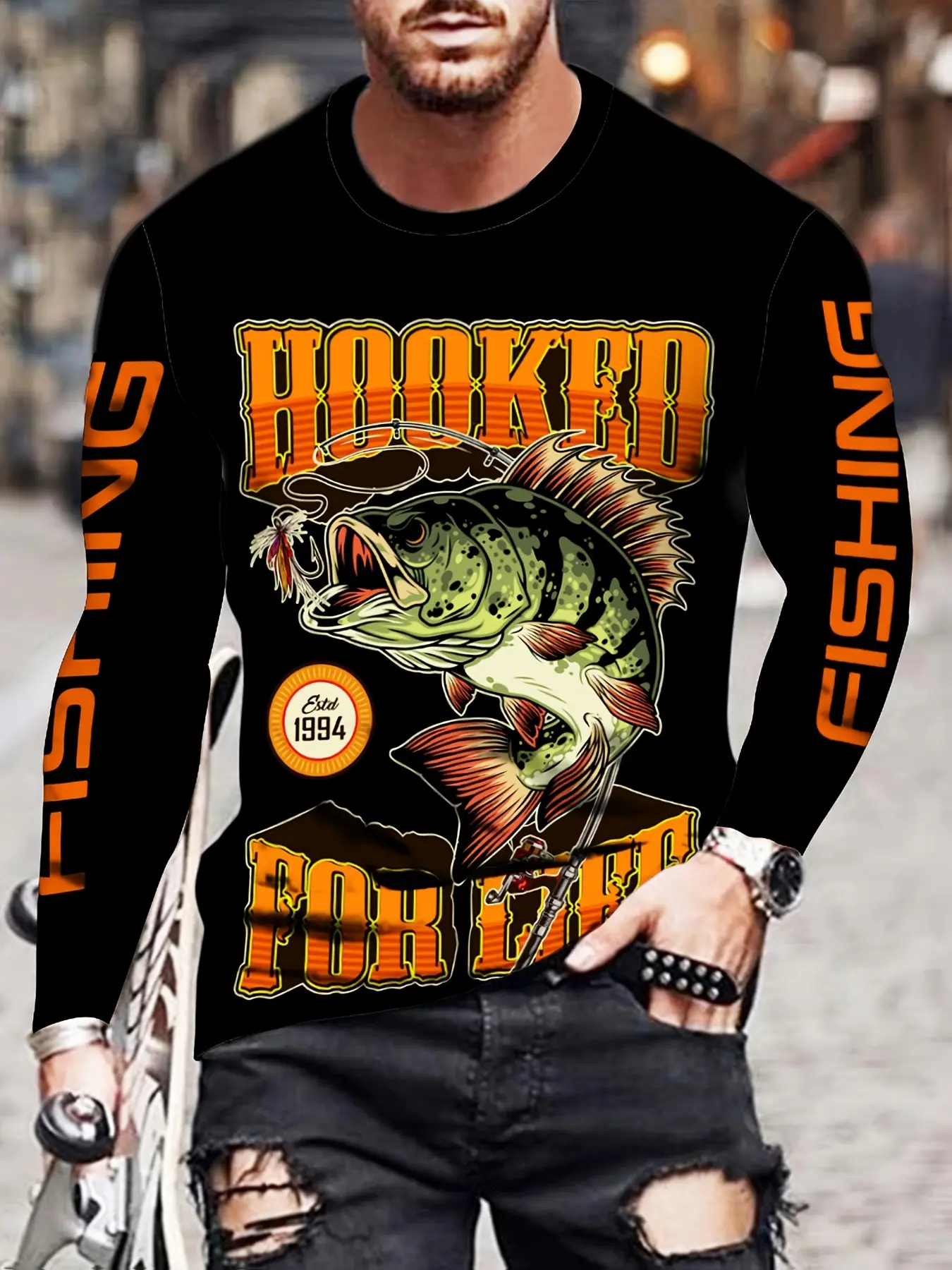 Men's quick-drying T-shirt - Moisture-wicking, long-sleeved protective vest, featuring a fish pattern design, ideal for hiking and outdoor activities, Outdoor sports clothing