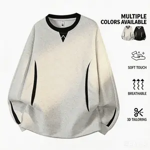 Men’s crewneck sweatshirt featuring 3D cutting and contrasting lines; soft, skin-friendly, breathable, loose fit—casual pullover for spring/autumn