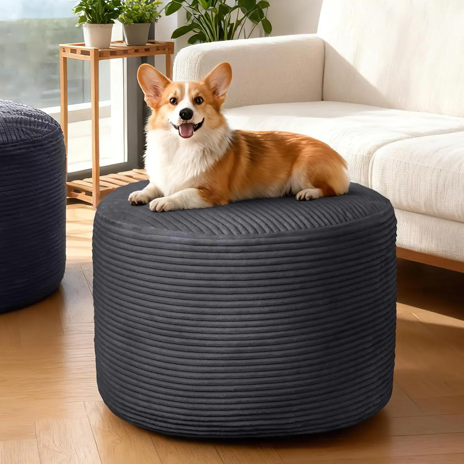 Round Corduroy Ottoman Foot Rest Pouf for Living Room Couch - Soft Plush Shredded Foam Filled Hassock Stool, Comfy Footstool