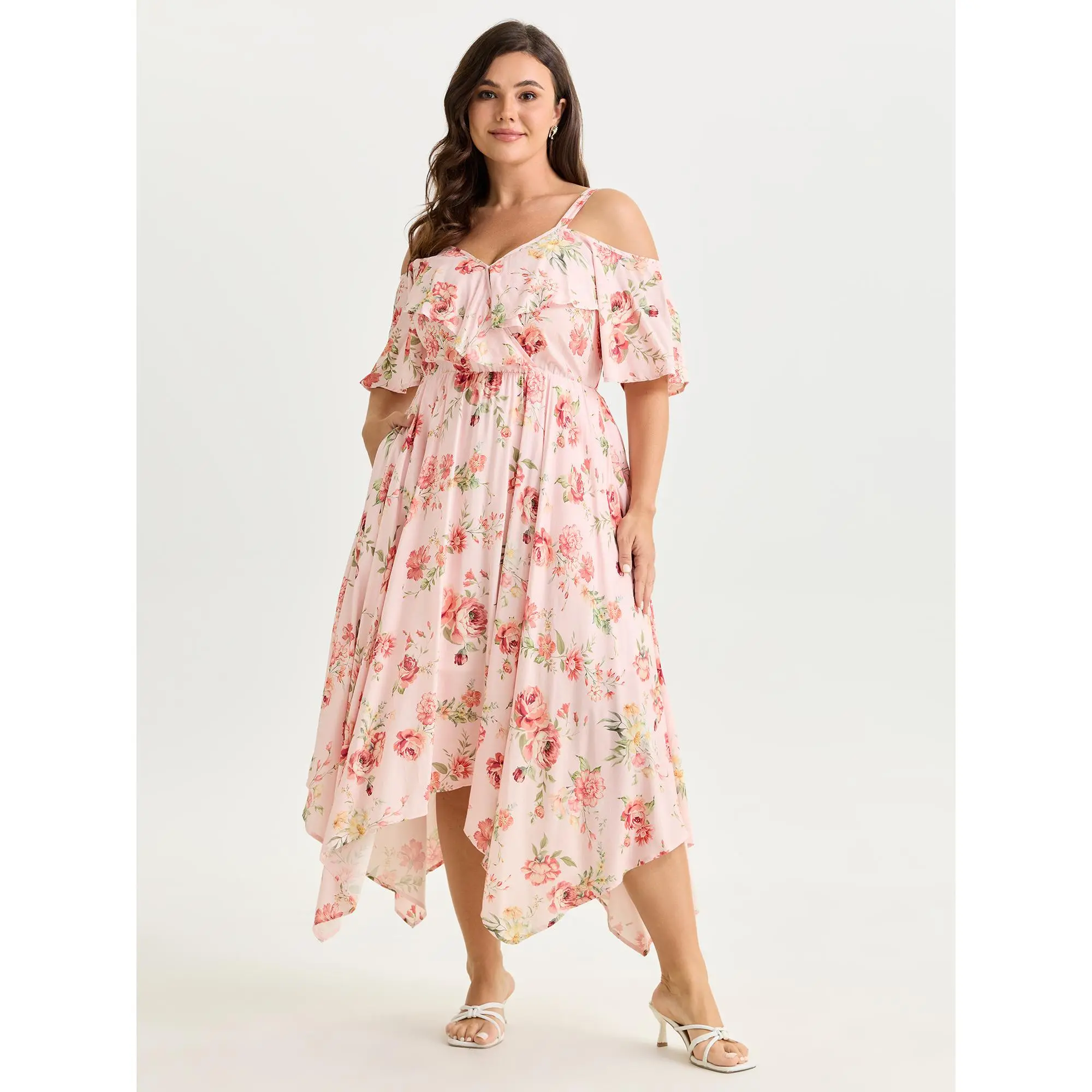 BloomChic Women's Plus Size Casual Floral Cold-Shoulder Midi Dress in Smooth Rayon with Ruffled Cap Sleeves and Side Pocket, Polyester, Garment, Fabric, Light, Lady, Shortsleeve, Low Iron