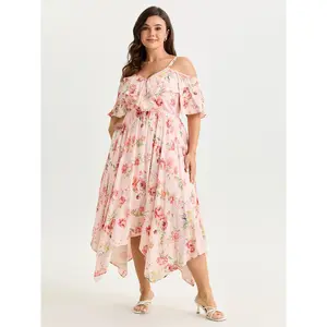 BLOOMCHIC Plus Size Floral Print Ruffled Cold-Shoulder Midi Dress [M-6X]2026 Summer Vibes Swimweek