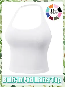 Women's Solid Removable Chest Pad Sports Tank Top, Casual Comfort and Durability Halter Neck Sports Top for Yoga Gym Workout, Ladies Sportswear for All Seasons