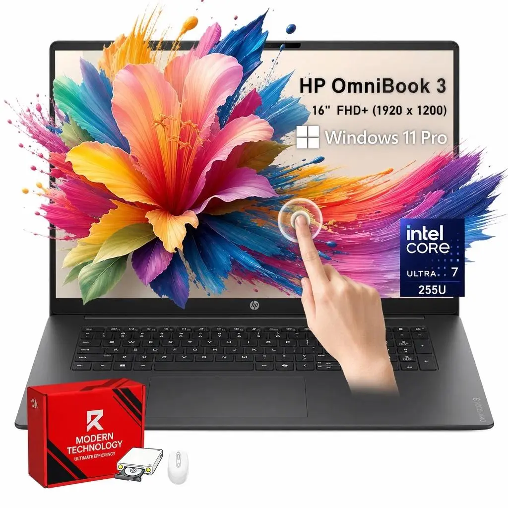 HP OmniBook 16" 2K Laptop Touchscreen Computer, Intel Core Ultra 7 255U, 16GB DDR5, 512GB SSD, 16-inch Touchscreen, Wi-Fi 7, Windows 11 Pro w/Accessory