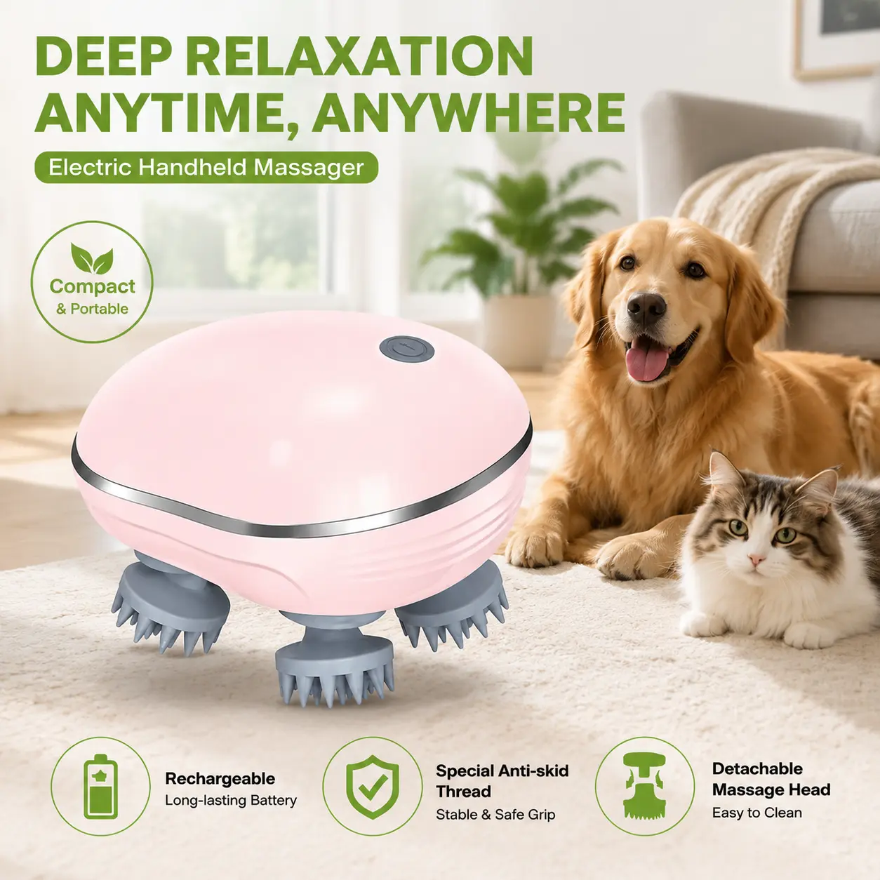 KeeKit Rechargeable Detachable Portable Electric Pet Massager for Dogs & Cats - Handheld Grooming Tool with 3 Speed Modes, 9.8cm Width, 7.7cm Height, Waterproof Head for Tension Relief & Stress Soothing