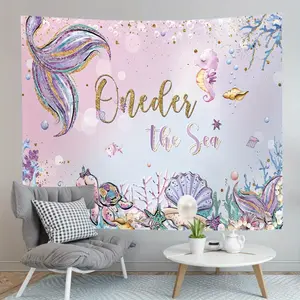 Purple Little Mermaid Vinyl Tapestry - Under The Sea 1st Birthday Party Backdrop, Art and Home Decoration with - Perfect for Bedroom and Party Decor Dorm