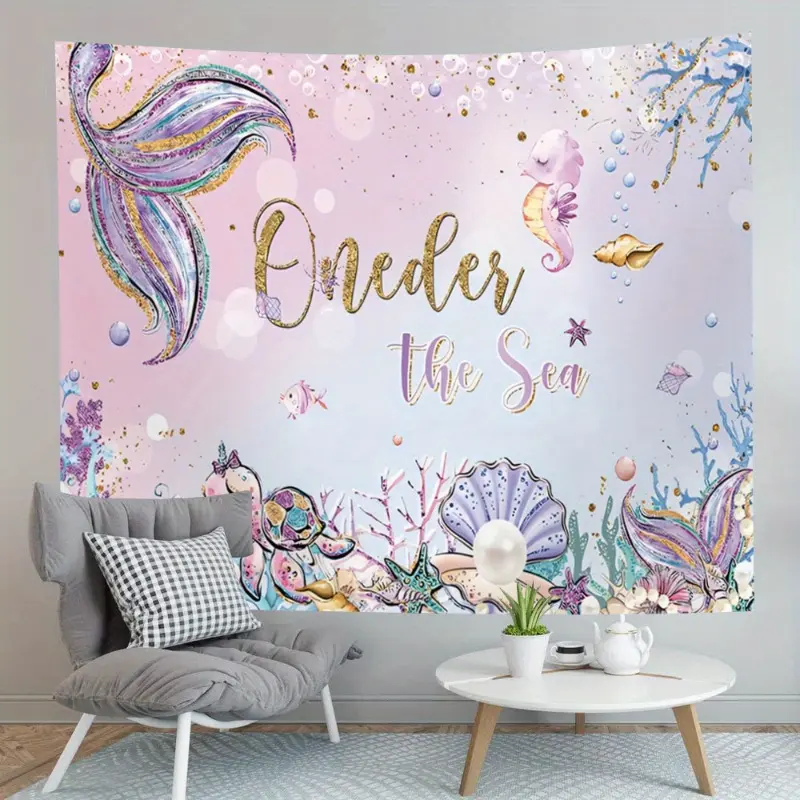 Purple Little Mermaid Vinyl Tapestry - Under The Sea 1st Birthday Party Backdrop, Art and Home Decoration with - Perfect for Bedroom and Party Decor